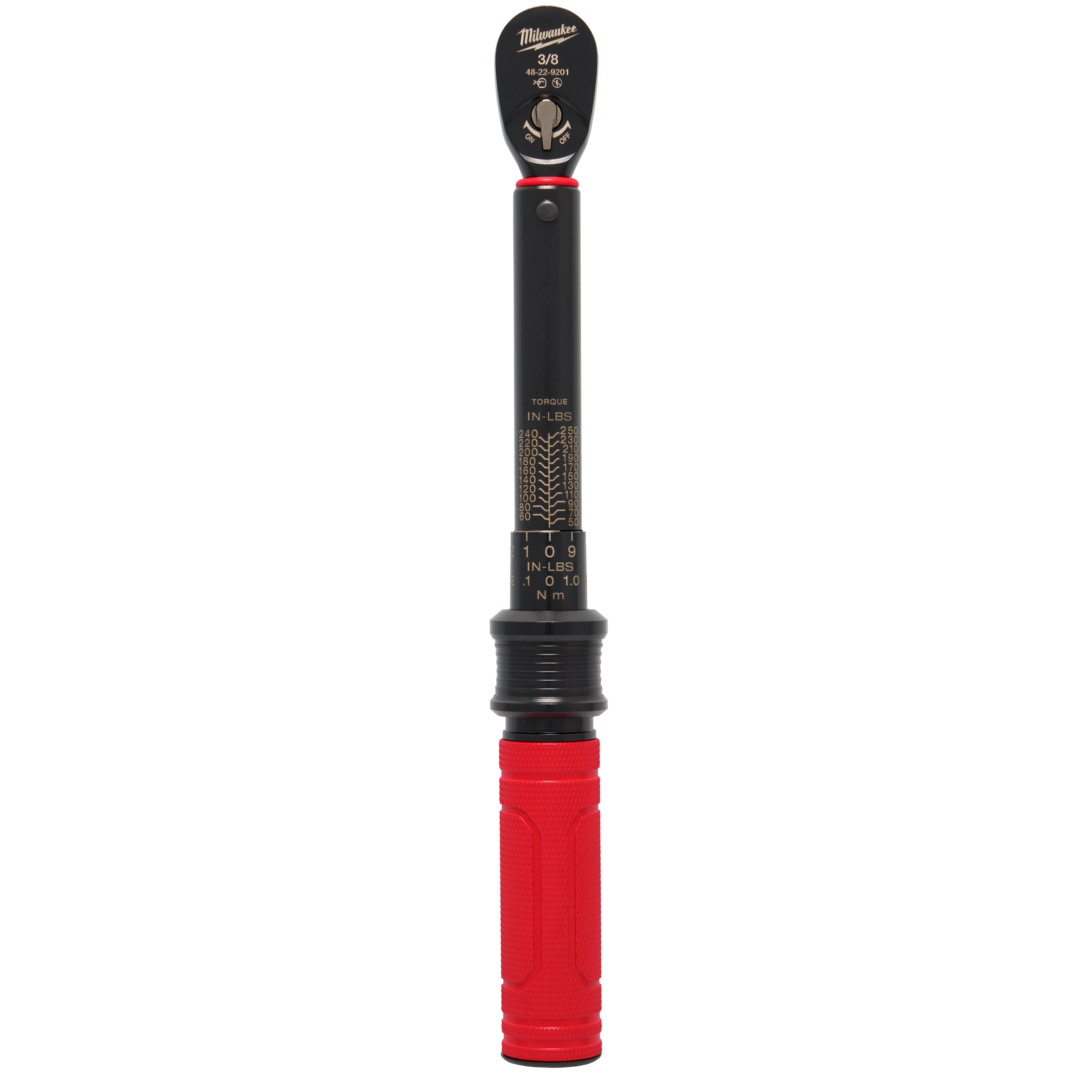 3/8” Drive Click Torque Wrench (50-250 IN-LBS) features a black steel handle with torque measurements marked in both IN-LBS and Nm. The wrench has a red rubber grip on the bottom and a dial for torque adjustment. The tool head includes a switch for directional use.