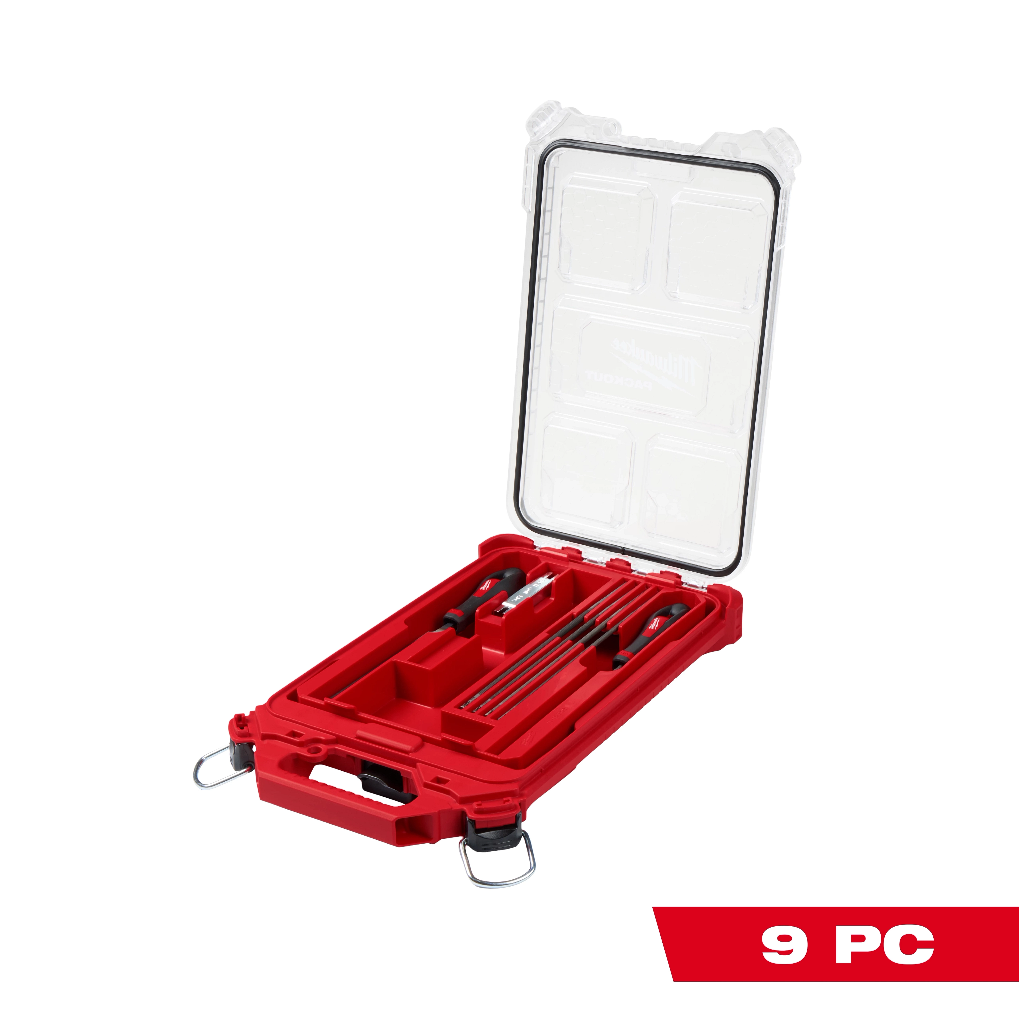 The 9pc Saw Chain Sharpening Set with PACKOUT™ Low-Profile Compact Organizer includes various sharpening tools in a red organizer with compartments. The organizer has a clear lid, metal latches, and is designed for portability and convenience. The "9 PC" label is displayed in the bottom-right corner.