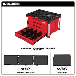 The PACKOUT 4 Drawer Tool Box shown with one drawer open, includes 12 large dividers and 36 smaller dividers for organization.