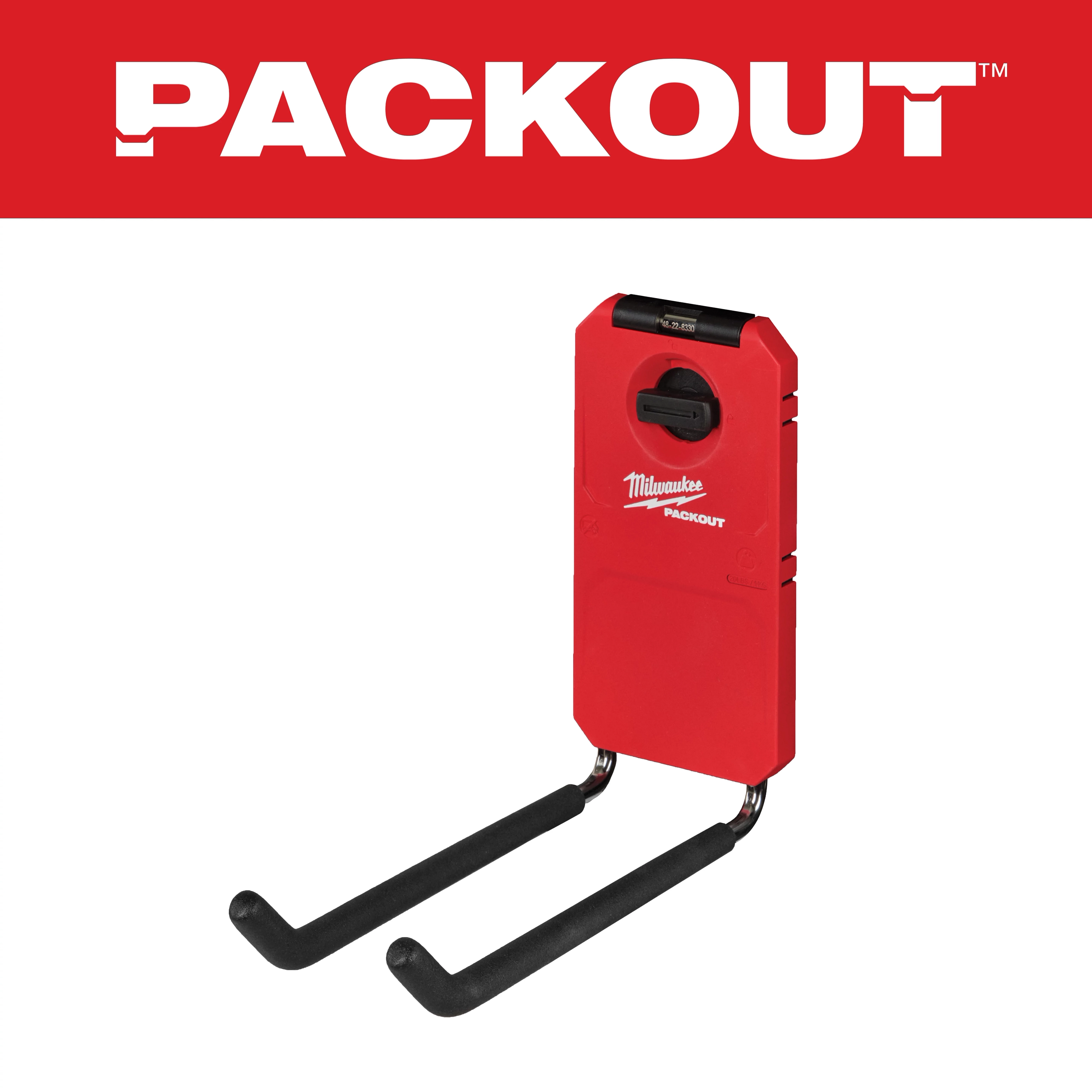 Red PACKOUT 9” Straight Hook with a black rubber-coated hook, designed for wall mounting and organizing tools or equipment.