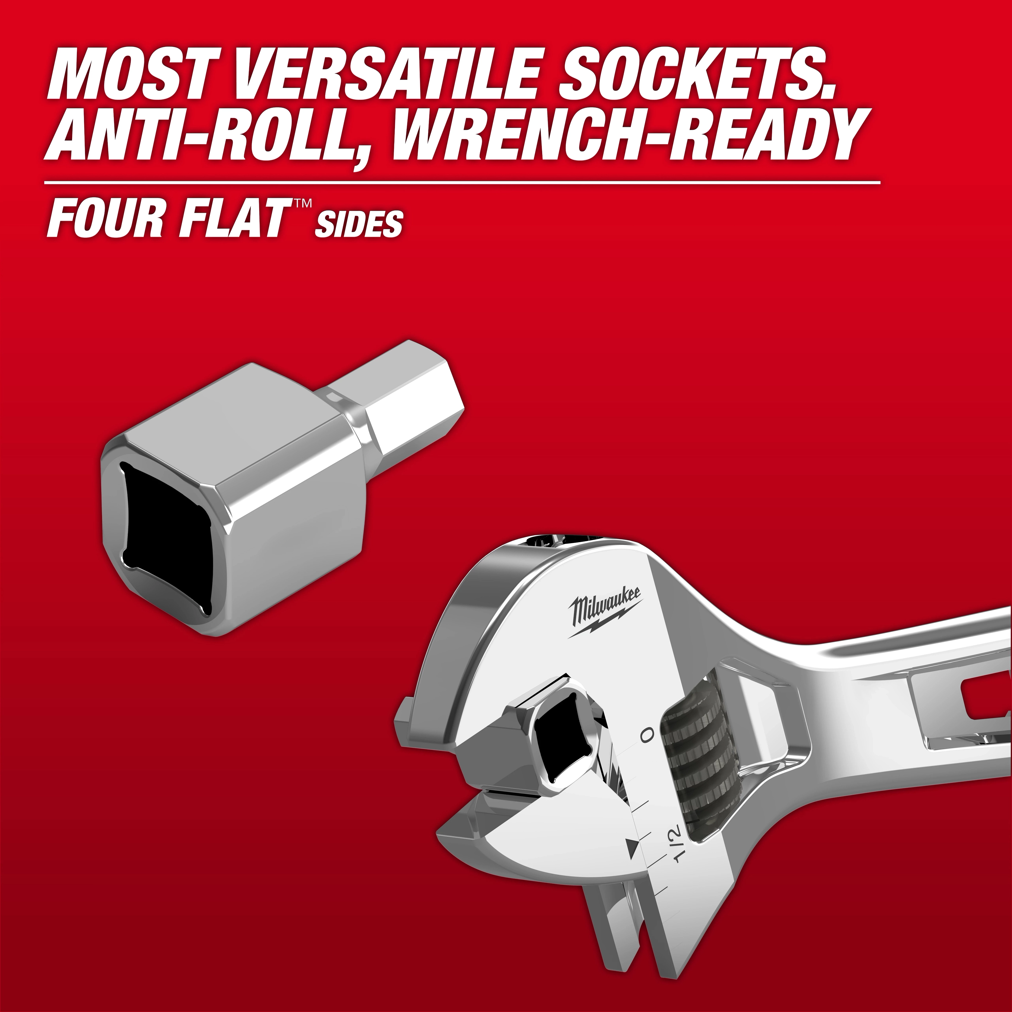 Low Profile SAE and Metric Bit Socket featuring anti-roll four flat sides, wrench-ready design; set against a red background.