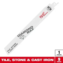 Milwaukee 9-inch Diamond Max saw blade designed for cutting tile, stone, and cast iron. The blade is white with the brand logo and product details in red and grey, and it comes in a single-pack.