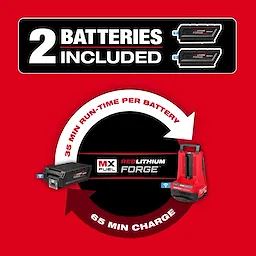 MX FUEL 24" Walk-Behind Edging Trowel includes 2 batteries with 35 minutes run-time per battery and a 65-minute charge time.