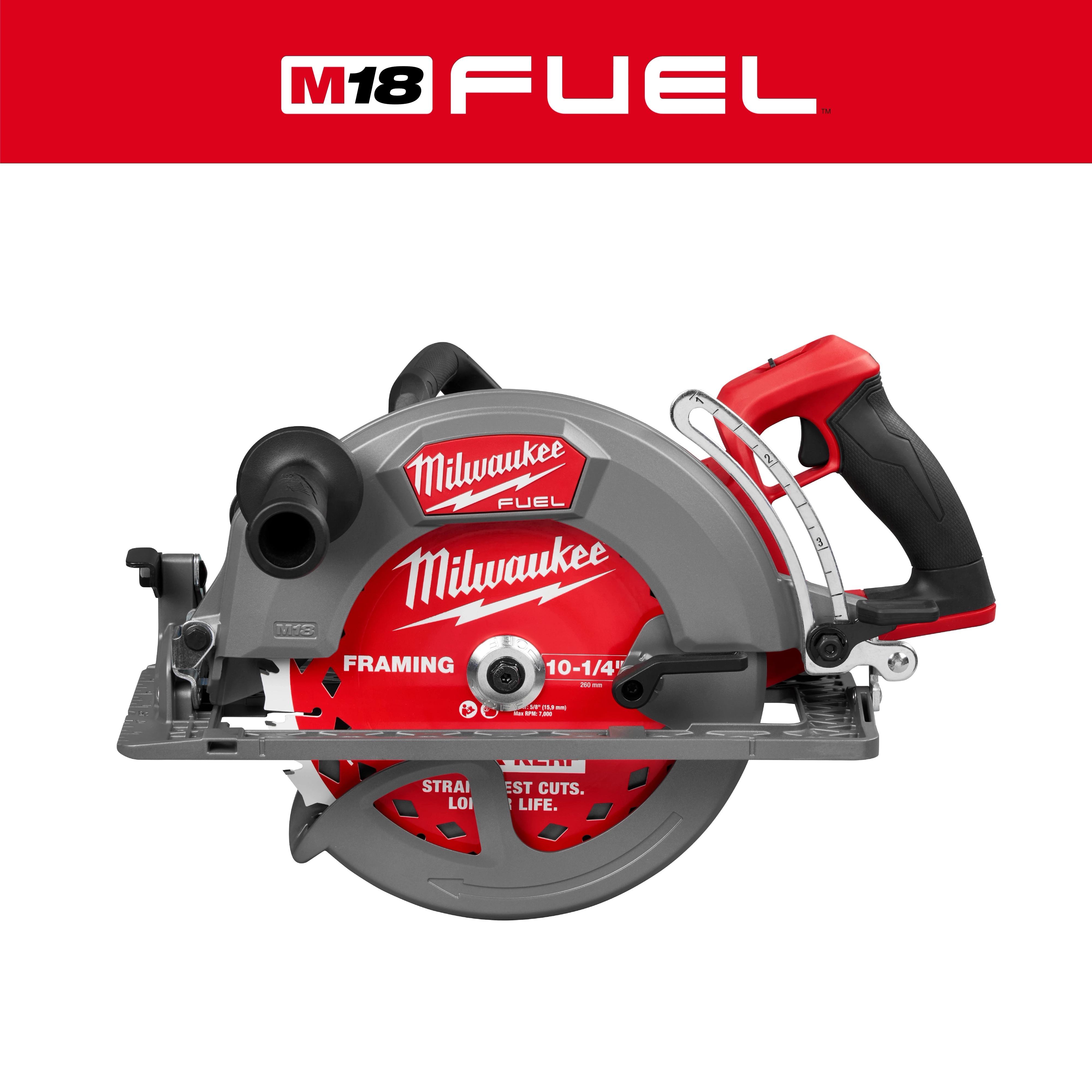 M18 FUEL 10-1/4" Rear Handle Circular Saw, featuring a large blade and ergonomic handle.