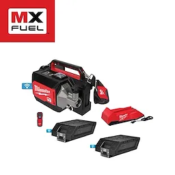 Milwaukee MX Fuel equipment set, including machine, charger, remote control, two batteries, and Milwaukee MX Fuel logo.