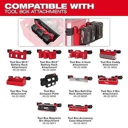 PACKOUT Single Drawer Tool Box with multiple red tool box attachments displayed in a grid layout.
