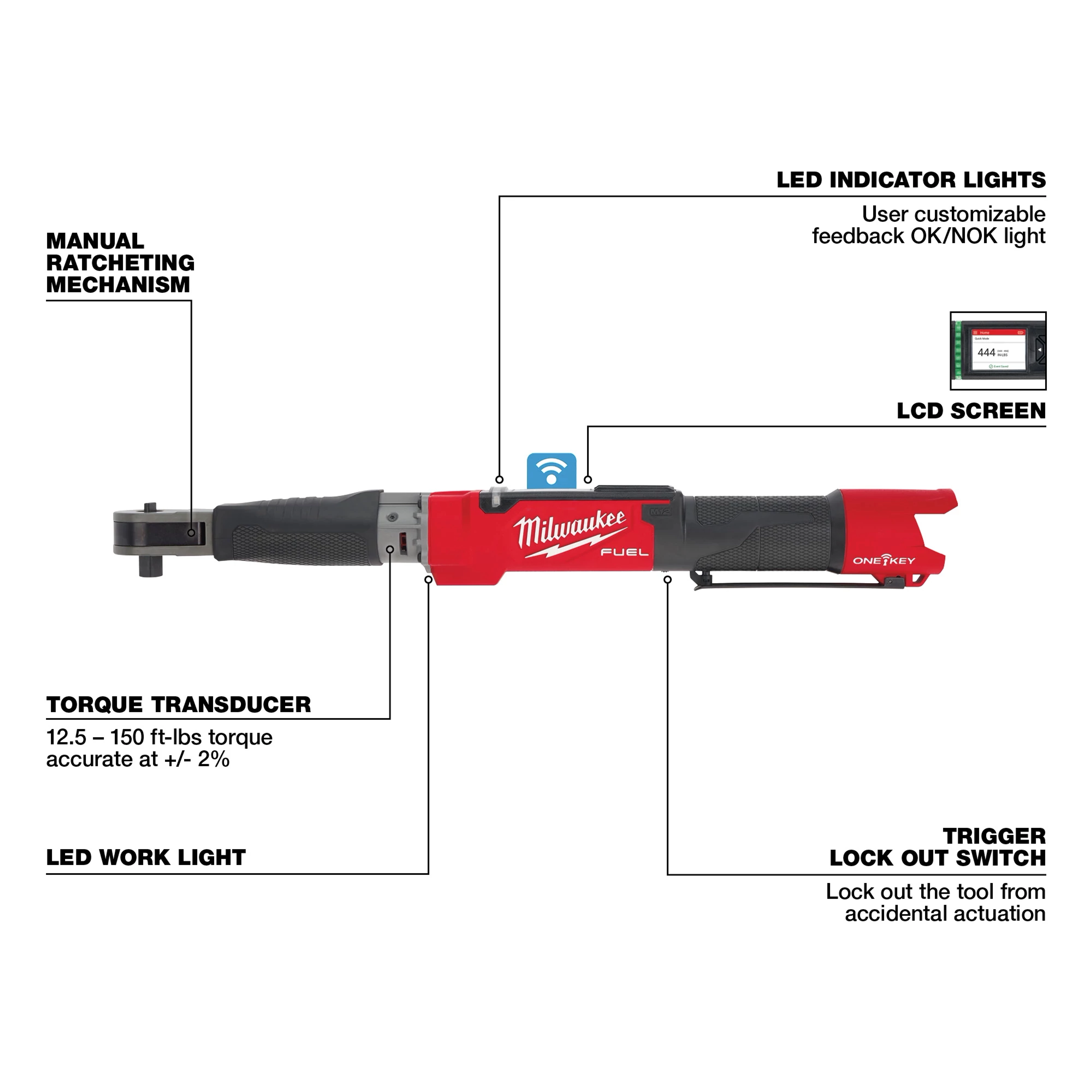 Milwaukee M12 Fuel 1/2" Digital Torque Wrench with ONE-KEY includes manual ratcheting, LED lights, LCD screen, and a trigger lockout switch.