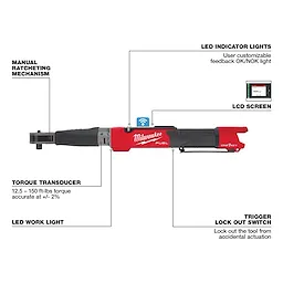 Milwaukee M12 Fuel 1/2" Digital Torque Wrench with ONE-KEY includes manual ratcheting, LED lights, LCD screen, and a trigger lockout switch.
