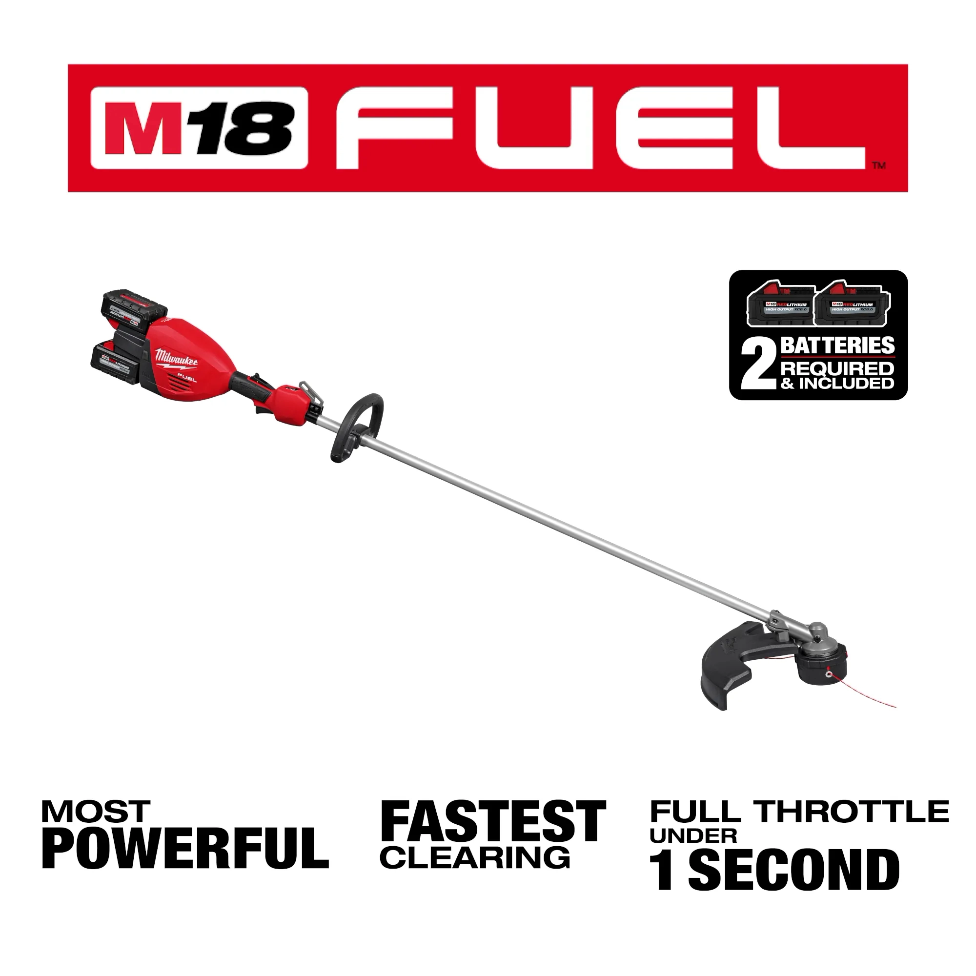 Image of the Milwaukee M18 FUEL 17” Dual Battery String Trimmer highlighting its USPs