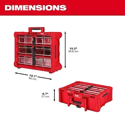 Image showing dimensions of the PACKOUT™ Tilt Bin Organizer in red, with two views: upright and laid flat. Dimensions are 19.7 inches (50 cm) wide, 15.2 inches (38.6 cm) high, and 6.7 inches (17 cm) deep. The text "DIMENSIONS" is in bold at the top.