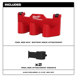 The image displays the included contents for a Milwaukee Packout tool box: one M12 battery rack attachment, two attachment mounts, and one 3/16" hex key.