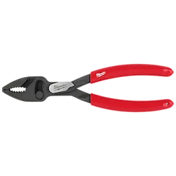 The 8" Slip Joint Pliers feature a black metal body and red plastic-coated handles. The manufacturer's logo is displayed on the handles and the body, alongside a metal pivot point for adjusting grip size. The jaws are designed with angled teeth for improved grip on materials.