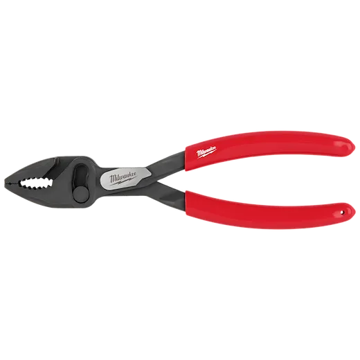 The 8" Slip Joint Pliers feature a black metal body and red plastic-coated handles. The manufacturer's logo is displayed on the handles and the body, alongside a metal pivot point for adjusting grip size. The jaws are designed with angled teeth for improved grip on materials.