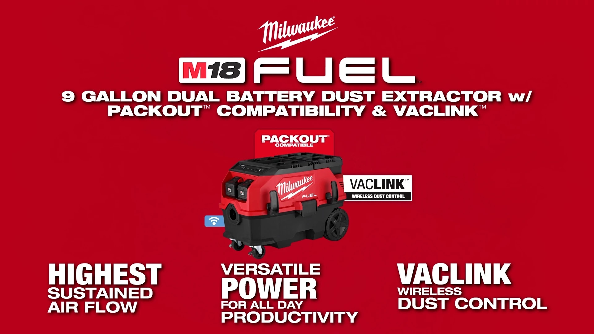 Milwaukee® M18 FUEL™ 9 Gallon Dual Battery Dust Extractor w/ PACKOUT™ Compatibility and VACLINK™