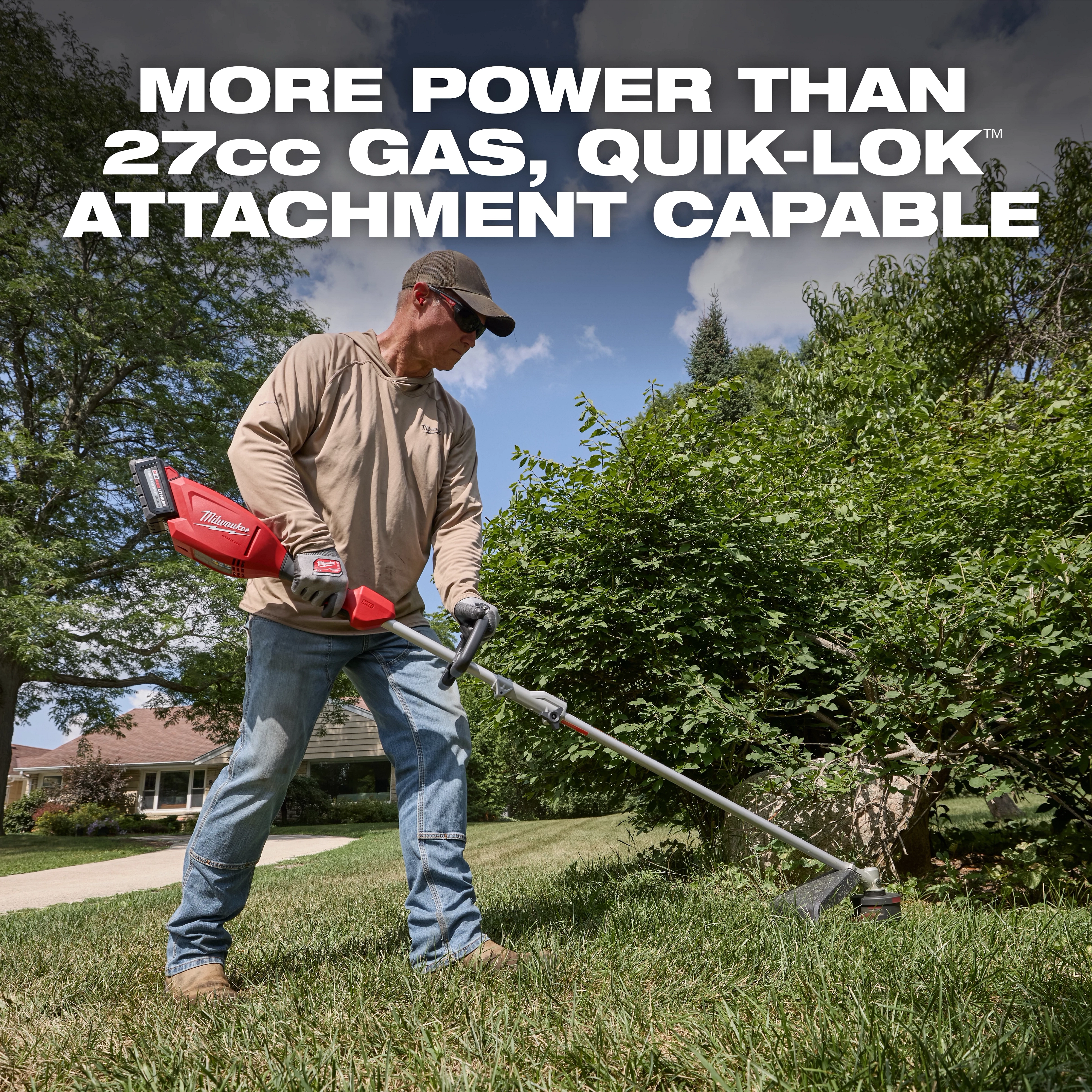Person trimming grass with an M18 QUIK-LOK Brushless 15” String Trimmer M18 QUIK-LOK Brushless 15” String Trimmer Kit outdoors.