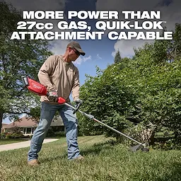 Person trimming grass with an M18 QUIK-LOK Brushless 15” String Trimmer M18 QUIK-LOK Brushless 15” String Trimmer Kit outdoors.