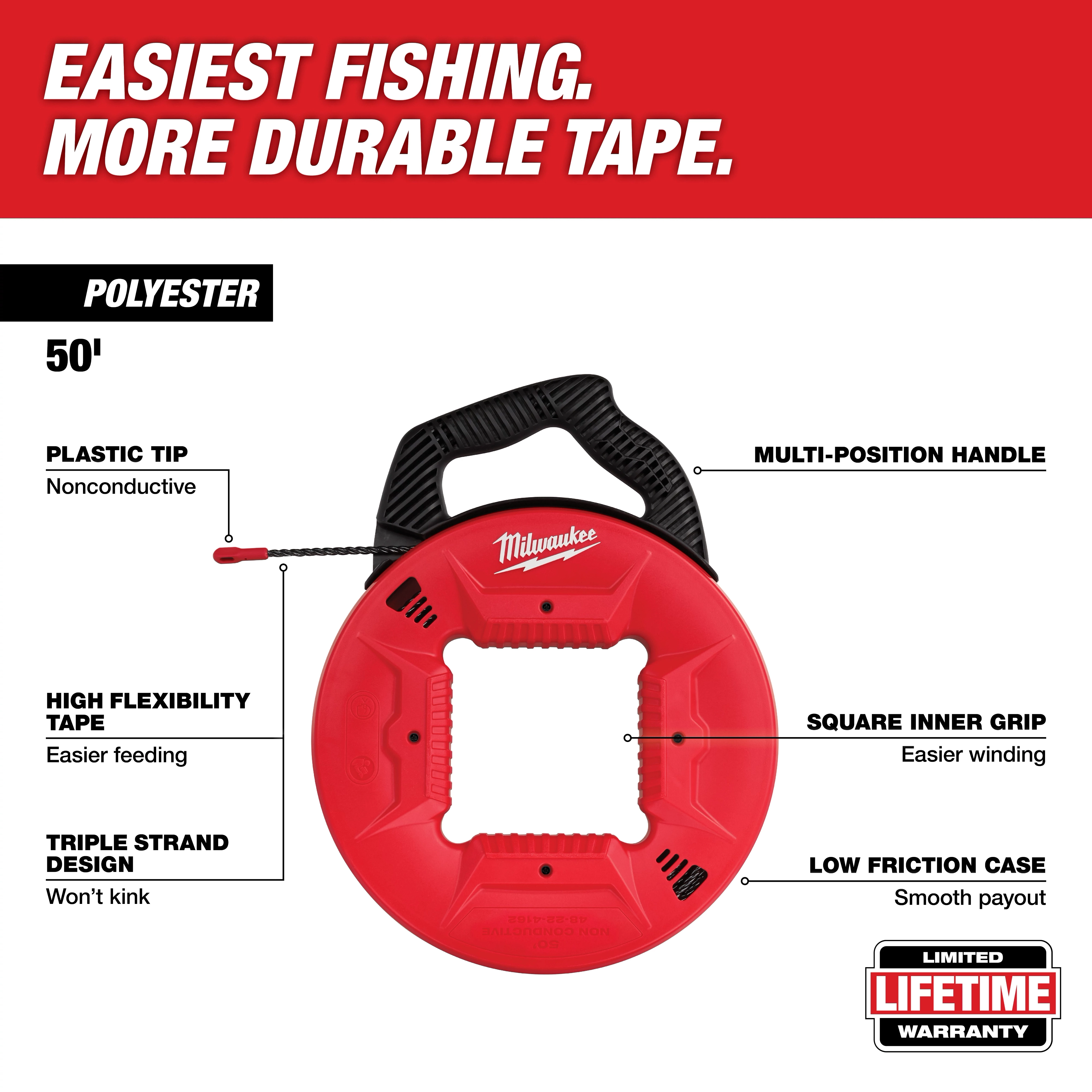 50' POLY W/ PLASTIC TIP FISH TAPE in a red and black case with labeled features: non-conductive tip, high flexibility tape, multiple handle positions.