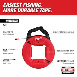 50' POLY W/ PLASTIC TIP FISH TAPE in a red and black case with labeled features: non-conductive tip, high flexibility tape, multiple handle positions.