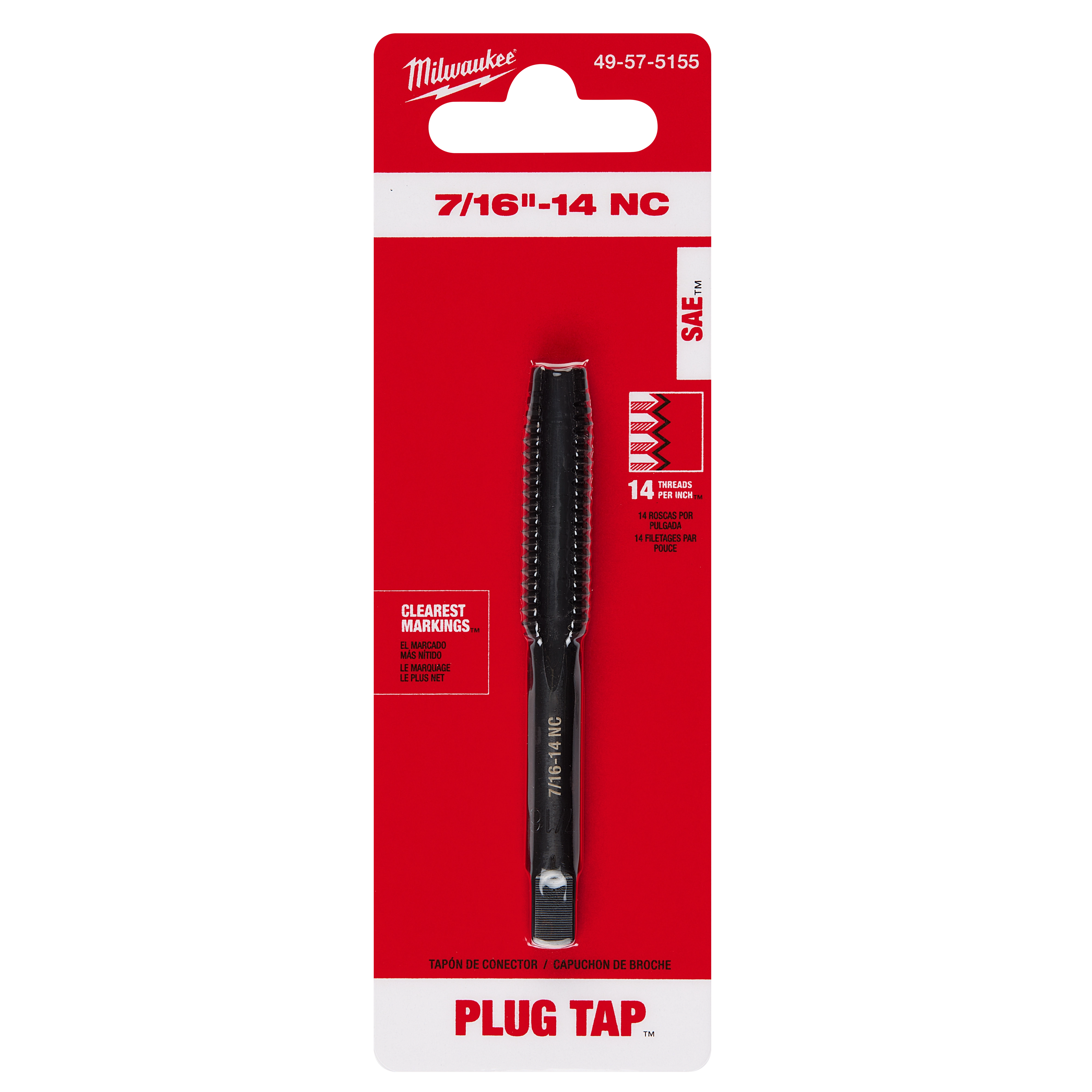 7/16"-14 NC Straight Flute Plug Tap in black, packaged in a red and white cardboard backing with product details.