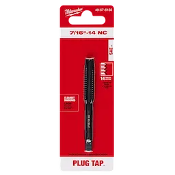 7/16"-14 NC Straight Flute Plug Tap in black, packaged in a red and white cardboard backing with product details.