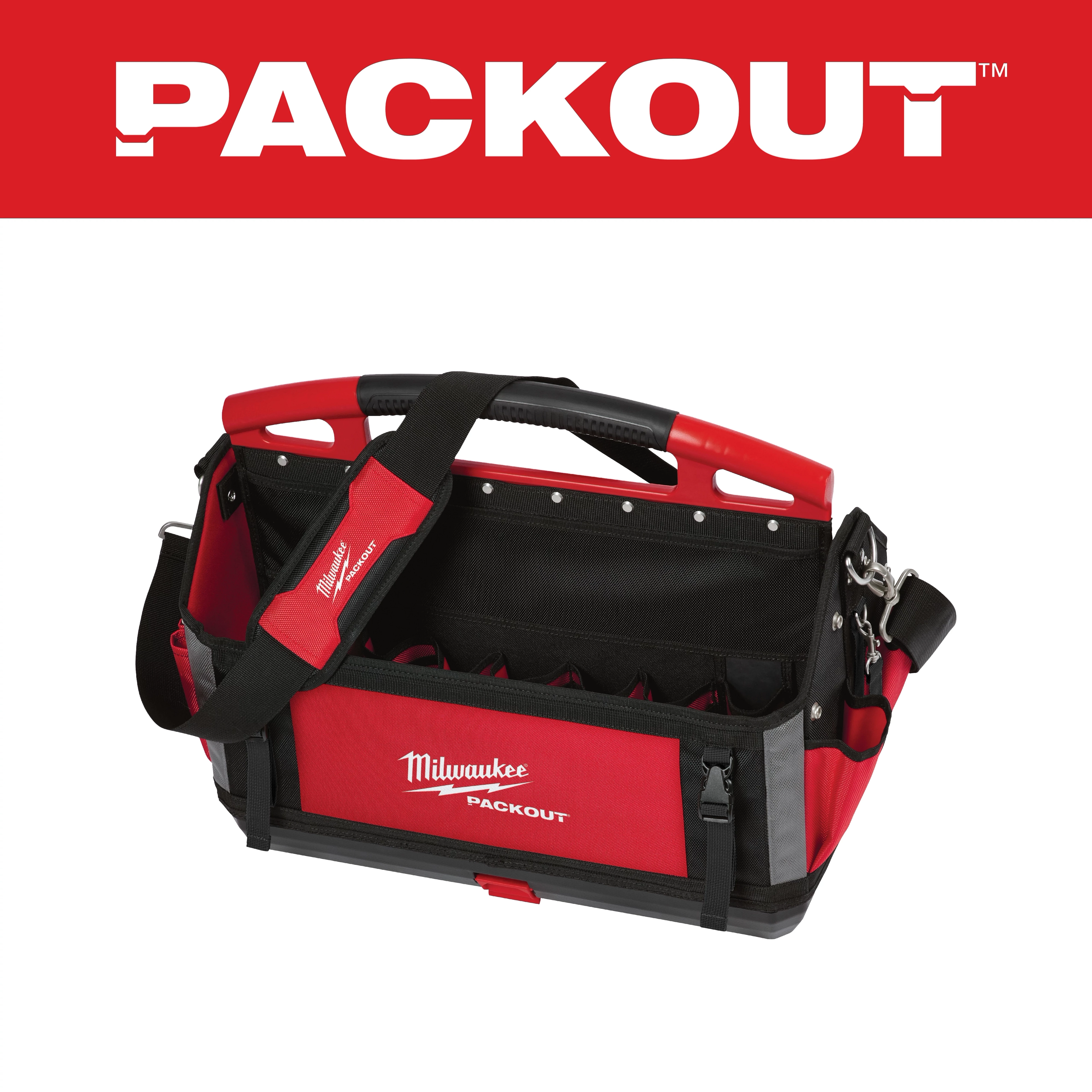Milwaukee PACKOUT tool bag with red and black colors, a sturdy handle, multiple compartments, and a shoulder strap.