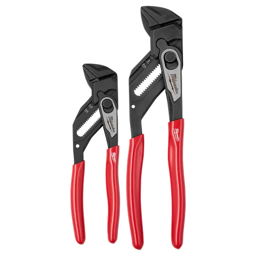 The 2 PC. Pliers Wrench Set includes two pliers of different sizes with adjustable jaws and ergonomic red handles. Perfect for gripping, holding, pressing, and bending applications.