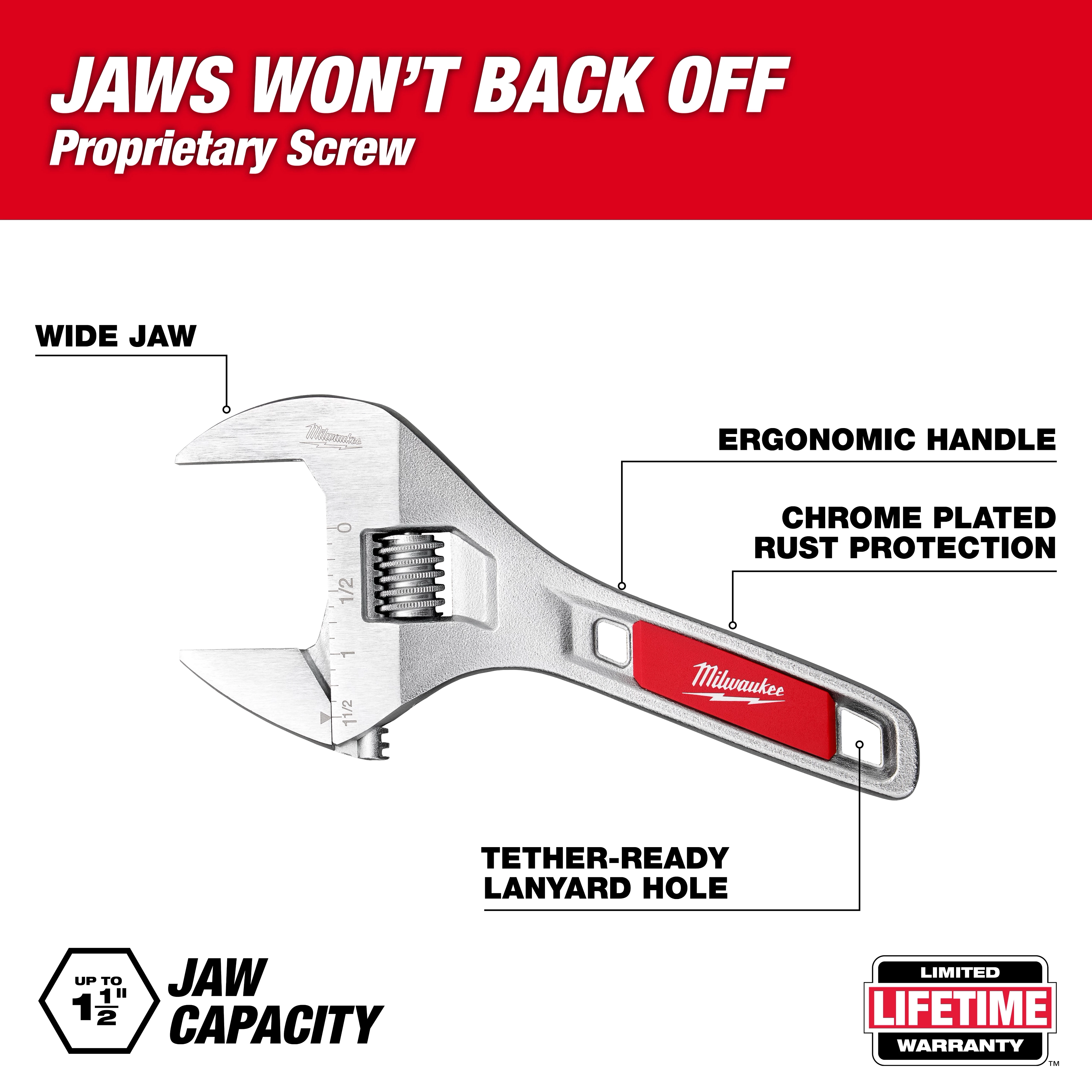 6" Wide Jaw Adjustable Wrench with labeled wide jaw, ergonomic handle, chrome plating, and tether-ready lanyard hole.
