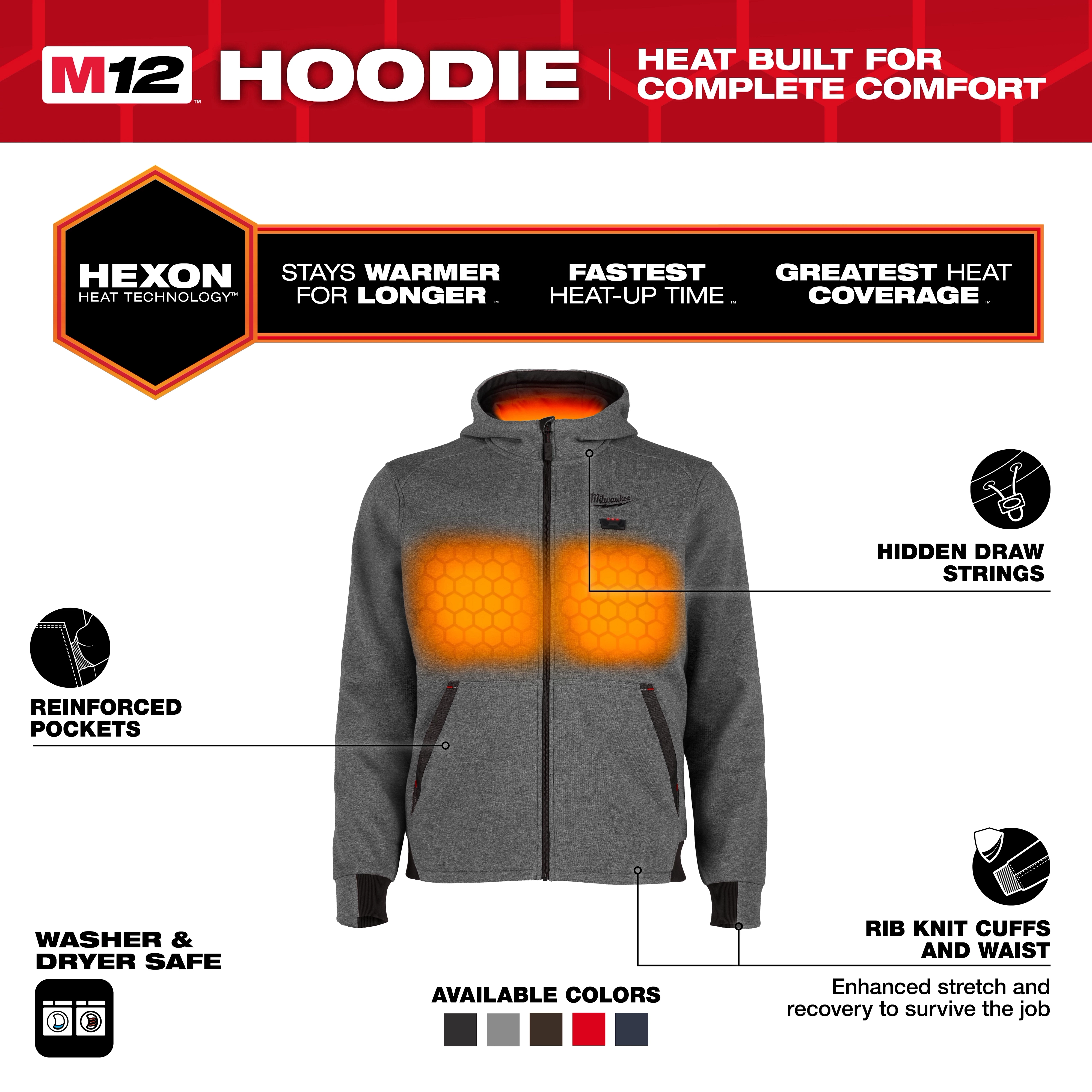 The M12™ Heated Hoodie features Hexon Technology for superior warmth, quick heat-up, and extended coverage. Its gray design includes reinforced pockets, hidden drawstrings, rib knit cuffs, and waist for durability and comfort. Available in multiple colors, and is washer and dryer safe for easy maintenance.