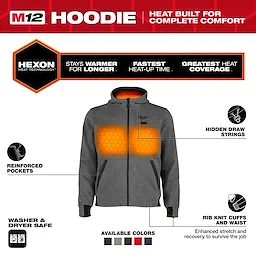 The M12™ Heated Hoodie features Hexon Technology for superior warmth, quick heat-up, and extended coverage. Its gray design includes reinforced pockets, hidden drawstrings, rib knit cuffs, and waist for durability and comfort. Available in multiple colors, and is washer and dryer safe for easy maintenance.
