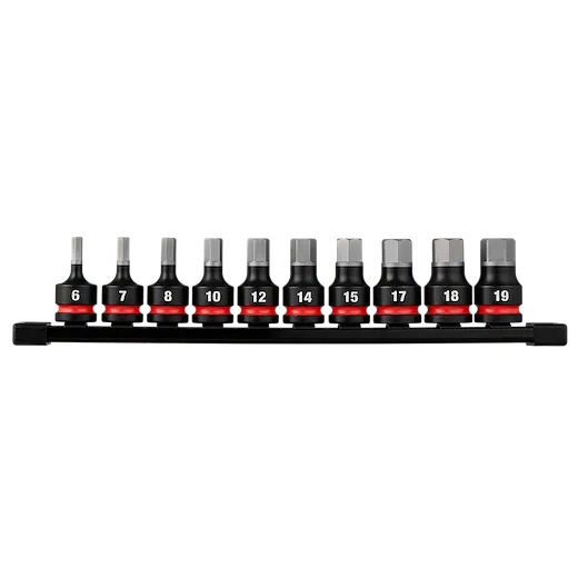 10PC SHOCKWAVE Impact Duty 1/2" Drive 2" Hex Metric Bit Socket Set arranged on a black rail with size labels.