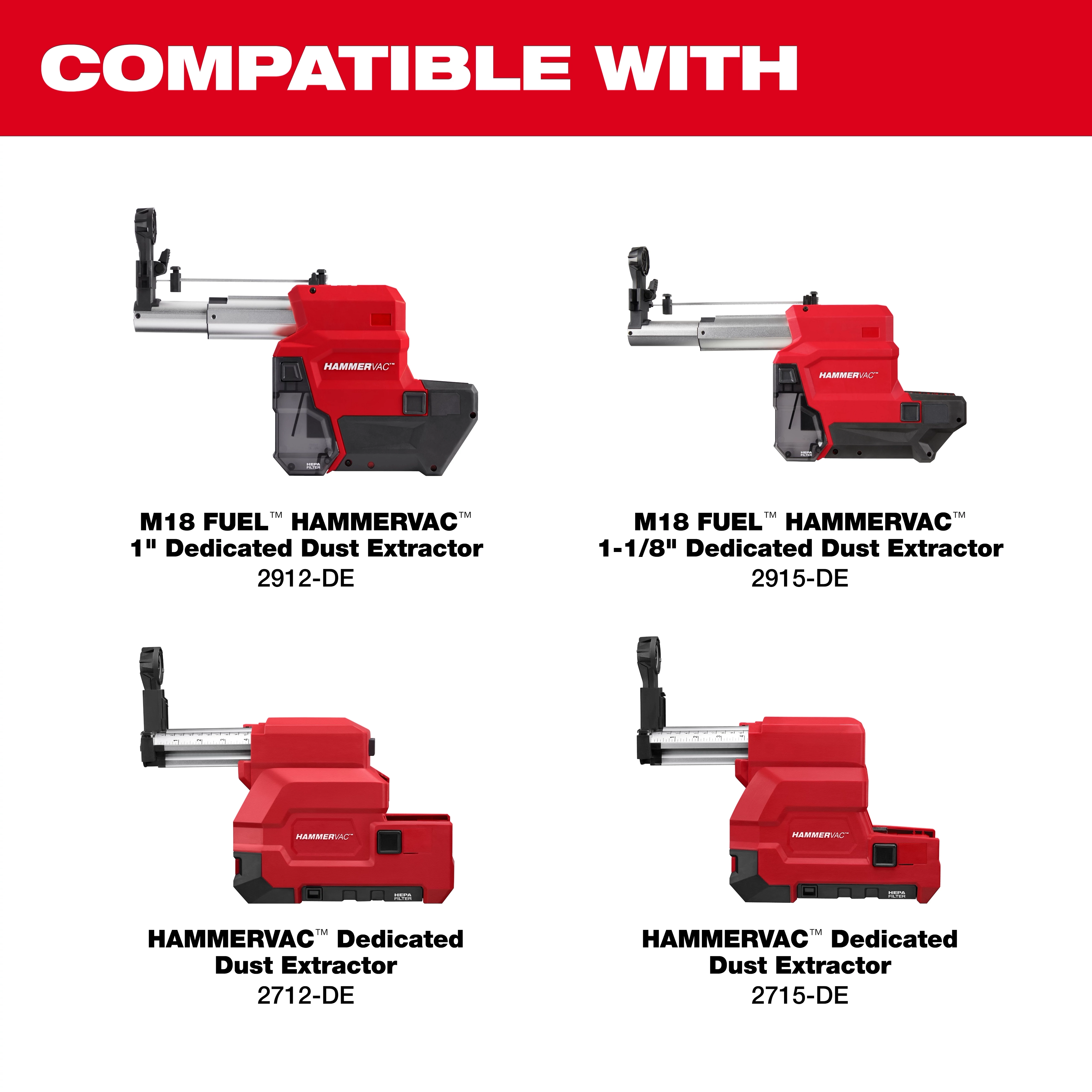 HAMMERVAC Dust Extractor Nozzle compatible with four models: 2912-DE, 2915-DE, 2712-DE, and 2715-DE. Red and black design.