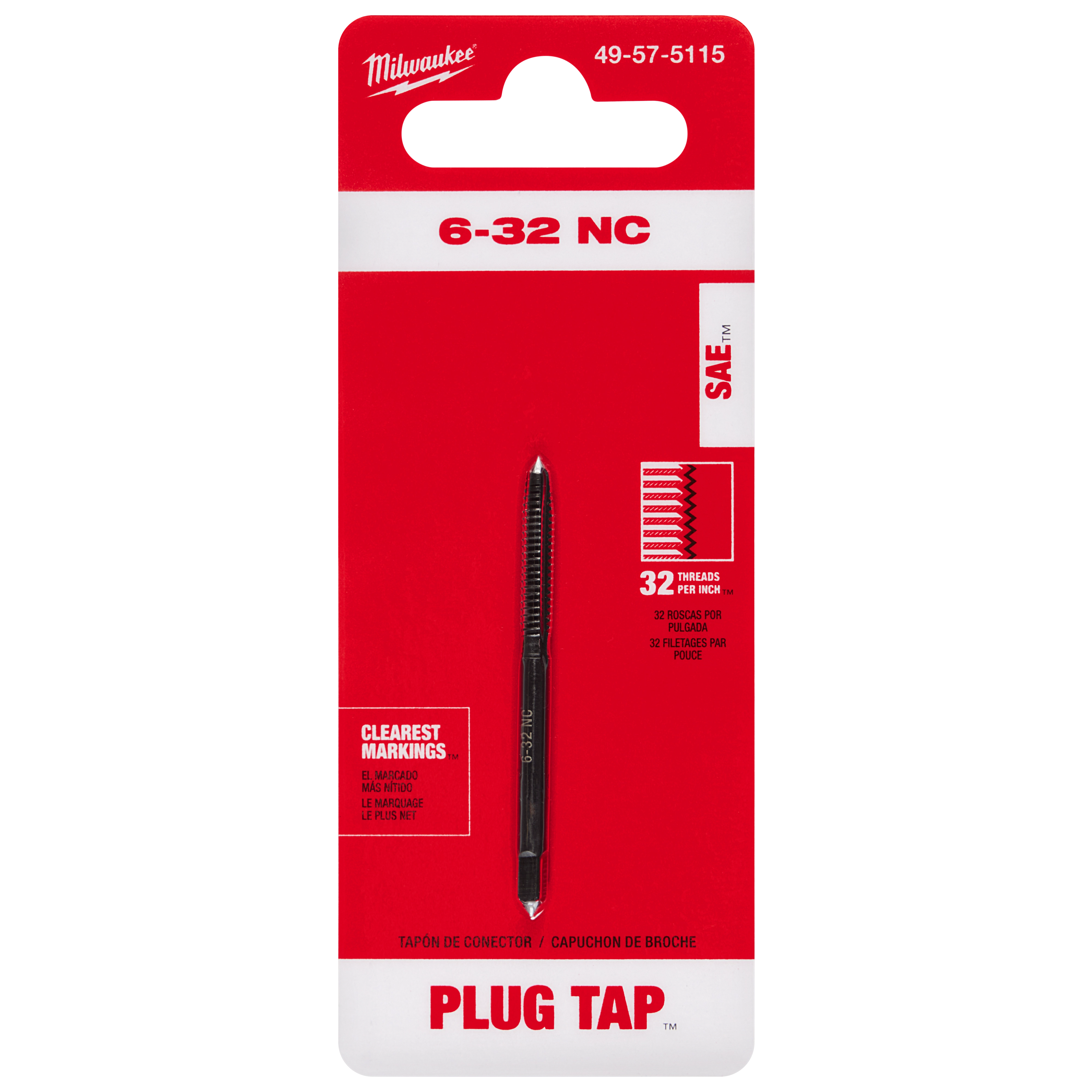6-32 NC Straight Flute Plug Tap in red packaging with clear markings, suitable for creating 32 threads per inch.