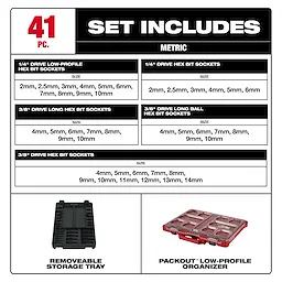 41pc 1/4” and 3/8” Drive Metric Bit Socket Set with PACKOUT Compact Low-Profile Organizer layout and sizes chart.