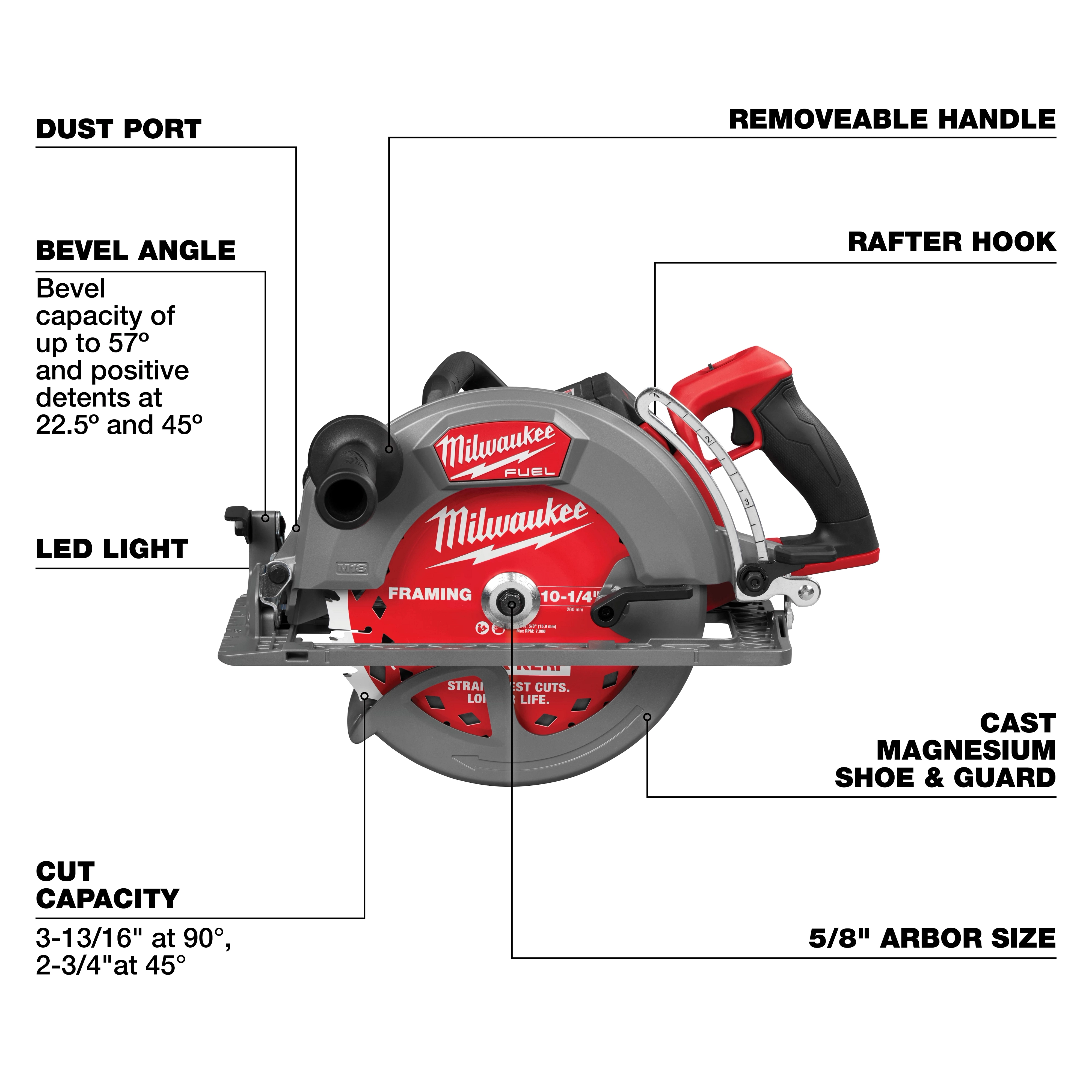 M18 FUEL 10-1/4" Rear Handle Circular Saw with dust port, bevel angle, LED light, cut capacity, removable handle, and rafter hook.
