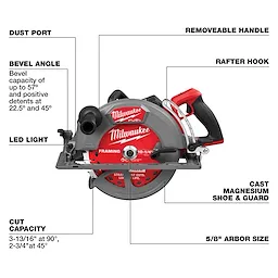M18 FUEL 10-1/4" Rear Handle Circular Saw with dust port, bevel angle, LED light, cut capacity, removable handle, and rafter hook.