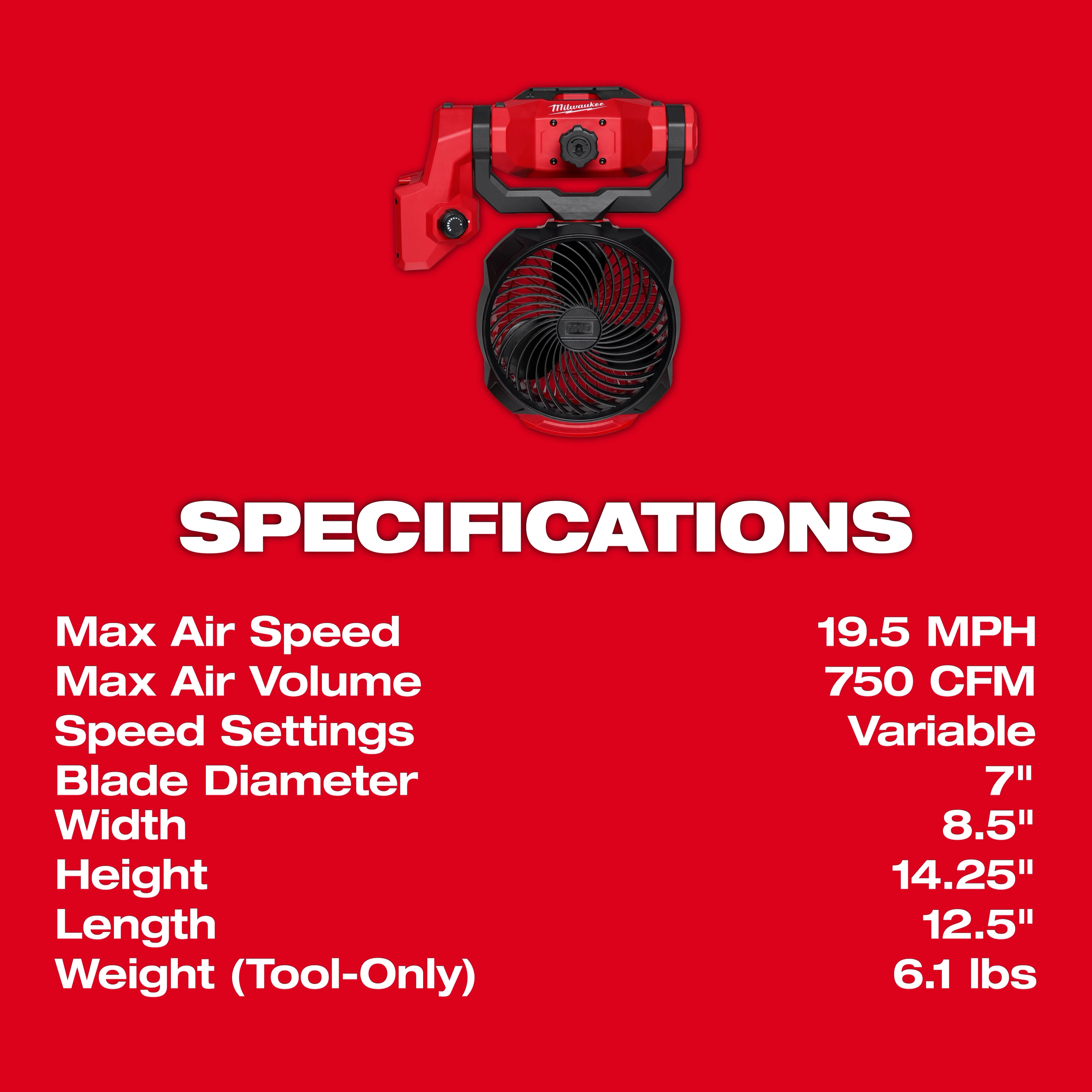 M18 Brushless Scissor Lift Fan specifications: 19.5 MPH max air speed, 750 CFM volume, variable speed, 7" blade, 6.1 lbs.