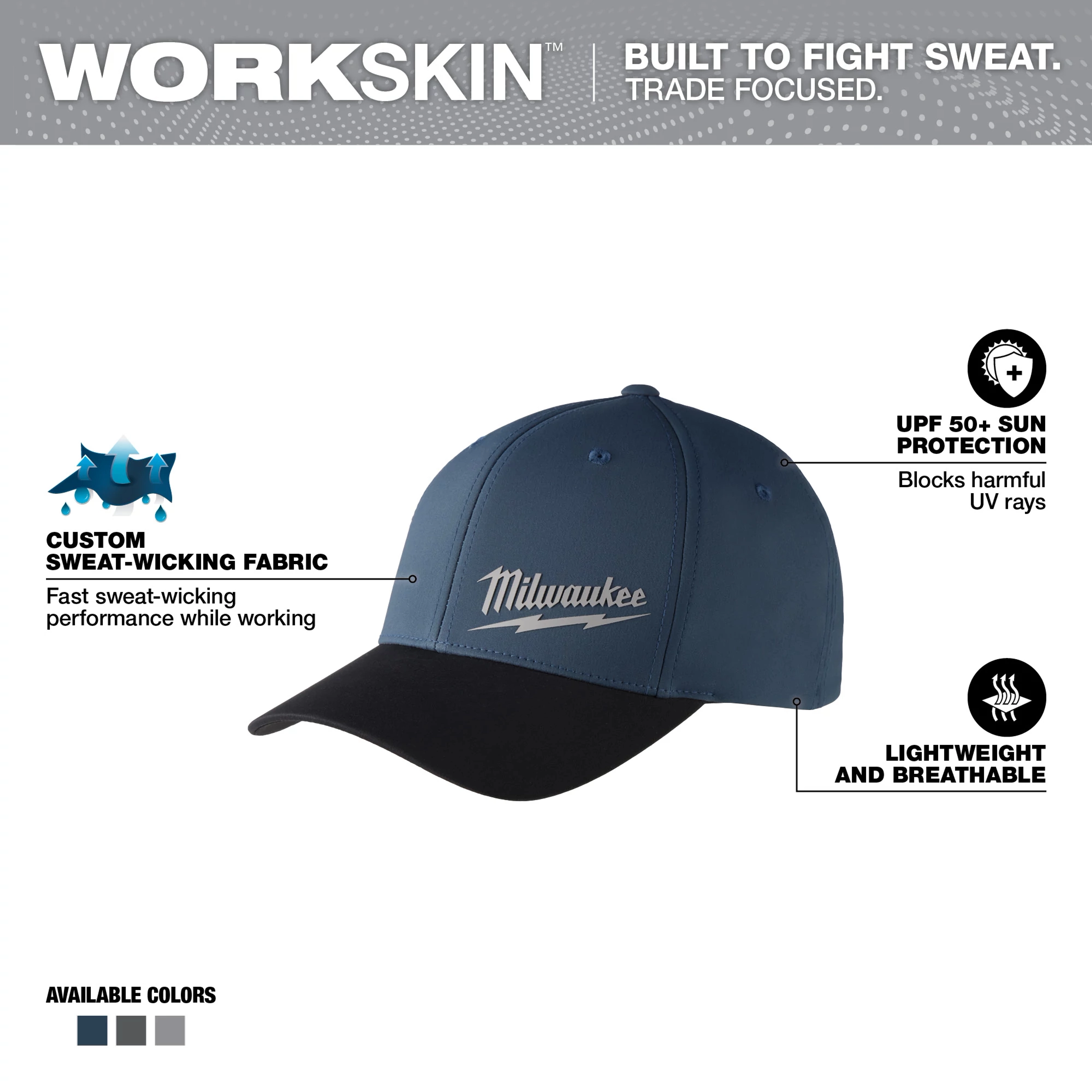 WORKSKIN Performance Fitted Hat - Blue Walkaround. Features sweat-wicking fabric, UPF 50+ sun protection, lightweight, and breathable design.