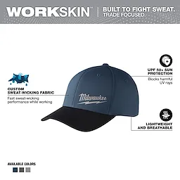 WORKSKIN Performance Fitted Hat - Blue Walkaround. Features sweat-wicking fabric, UPF 50+ sun protection, lightweight, and breathable design.