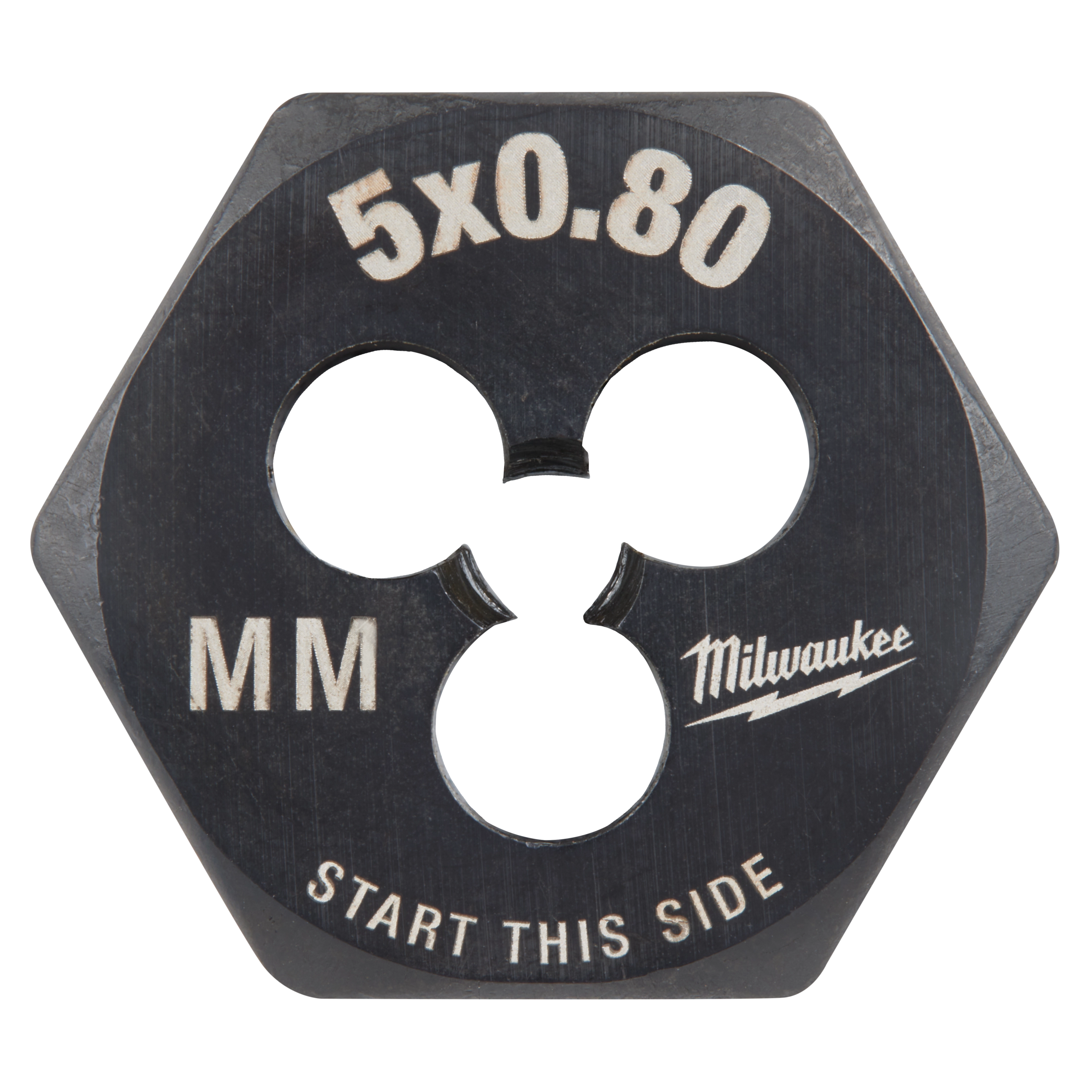 M5-0.80 20mm 1-Inch Hex Die, black with "5x0.80," "MM," and "Start This Side" markings, alongside the Milwaukee logo.
