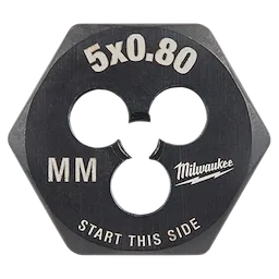 M5-0.80 20mm 1-Inch Hex Die, black with "5x0.80," "MM," and "Start This Side" markings, alongside the Milwaukee logo.