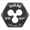 M5-0.80 20mm 1-Inch Hex Die, black with "5x0.80," "MM," and "Start This Side" markings, alongside the Milwaukee logo.