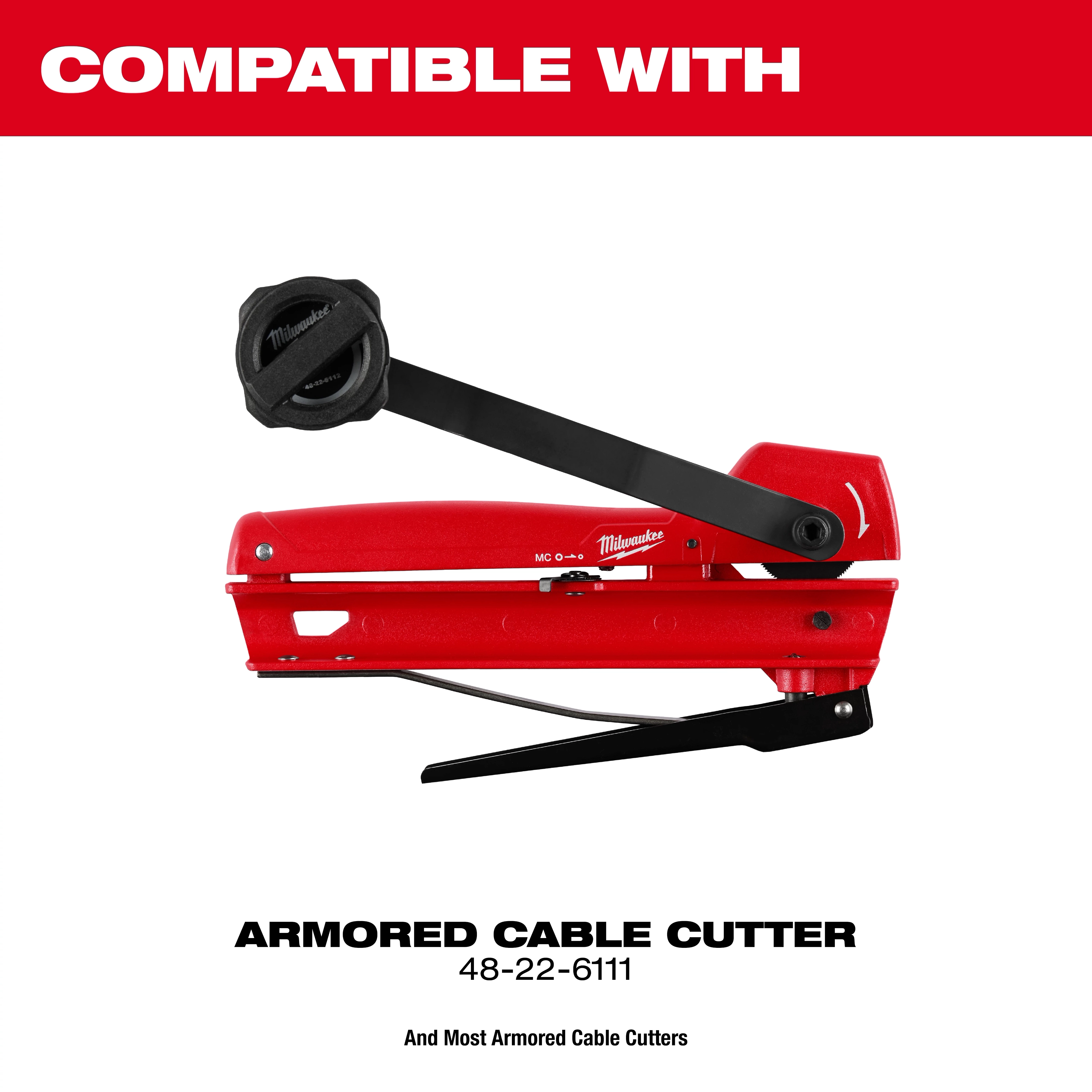 Red Armored Cable Cutter Replacement Blade, model 48-22-6111, with a black handle, compatible with most armored cable cutters.