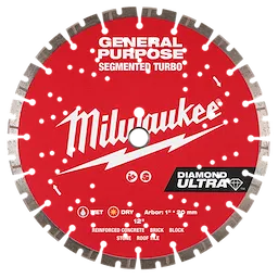 Image of a 12" DIAMOND ULTRA™ Segmented Turbo, General Purpose Diamond Blade. The red blade has "Milwaukee" branding, and is designed for cutting reinforced concrete, brick, block, stone, and roof tile. It features a segmented edge with measurement specifications listed.
