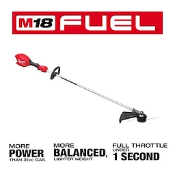 Image of a red Milwaukee M18 FUEL string trimmer with text highlighting its power, balance, and quick throttle response.