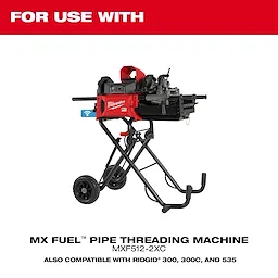 Red and black MX Fuel Pipe Threading Machine MXF512-2XC with a wheeled base. Compatible with Ridgid 300, 300C, and 535.