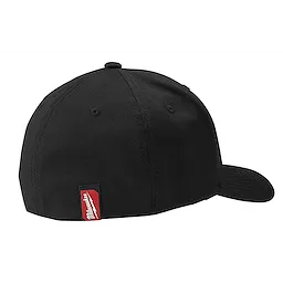 Black Milwaukee%20Fitted%20Hat with a red and white Milwaukee tag on the back. The hat features a curved brim and six-panel design.