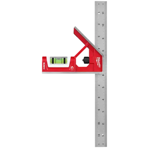 12" Magnetic Combination Square features a red handle with a built-in bubble level, and a 12-inch stainless steel ruler.