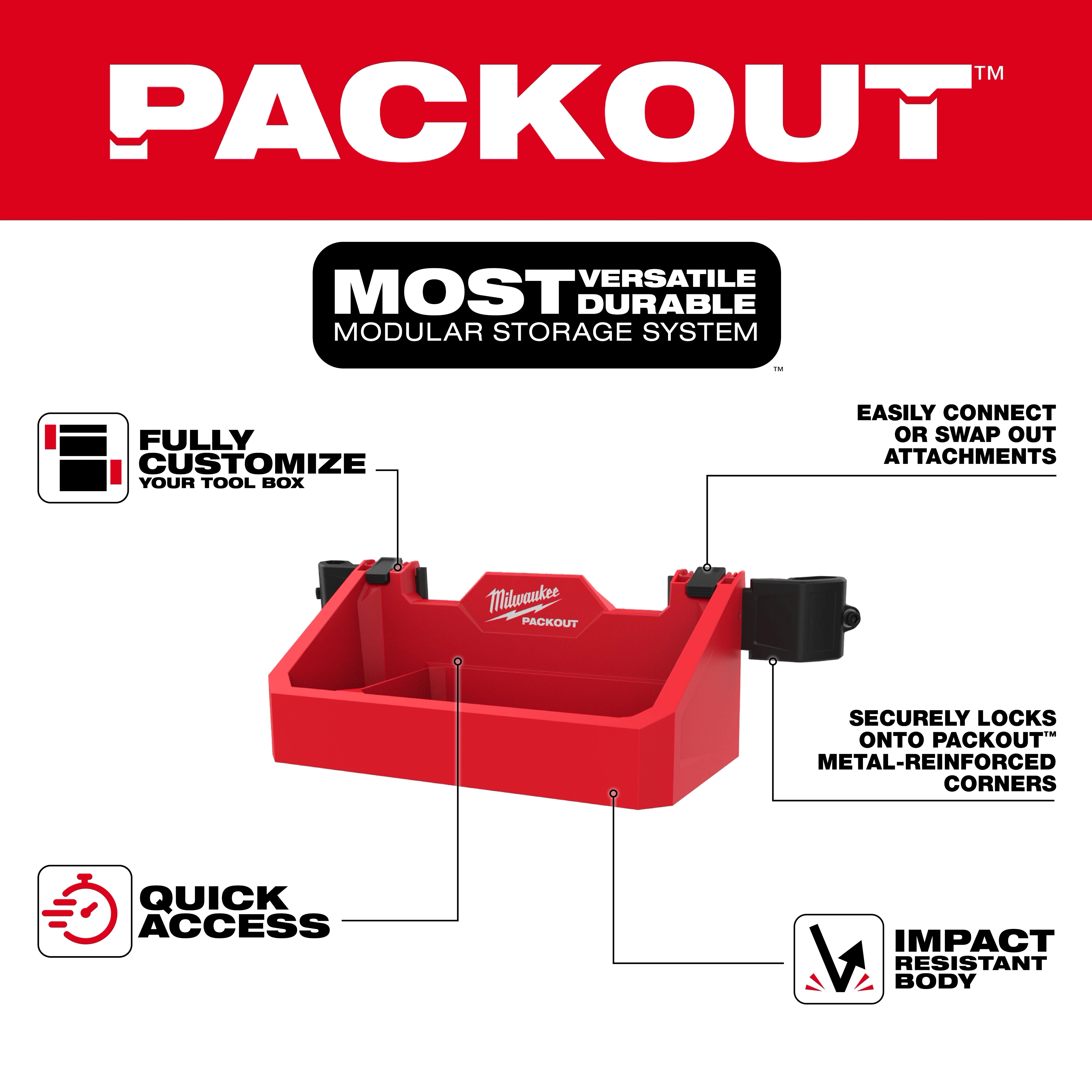 PACKOUT™ Tool Box Tray Attachment with highlighted features including: "fully customize your toolbox," "quick access," "easily connect or swap out attachments," "securely locks onto Packout metal-reinforced corners," and "impact-resistant body." The text above reads "Packout: Most Versatile Durable Modular Storage System."