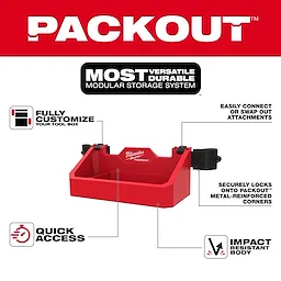 PACKOUT™ Tool Box Tray Attachment with highlighted features including: "fully customize your toolbox," "quick access," "easily connect or swap out attachments," "securely locks onto Packout metal-reinforced corners," and "impact-resistant body." The text above reads "Packout: Most Versatile Durable Modular Storage System."