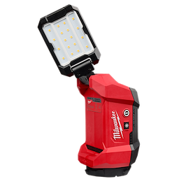 The image shows a red M12™ ROVER™ Multi-Directional Flood Light with PACKOUT™ Compatibility. It features multiple LED bulbs and an adjustable light head. The Milwaukee logo is printed on the side.
